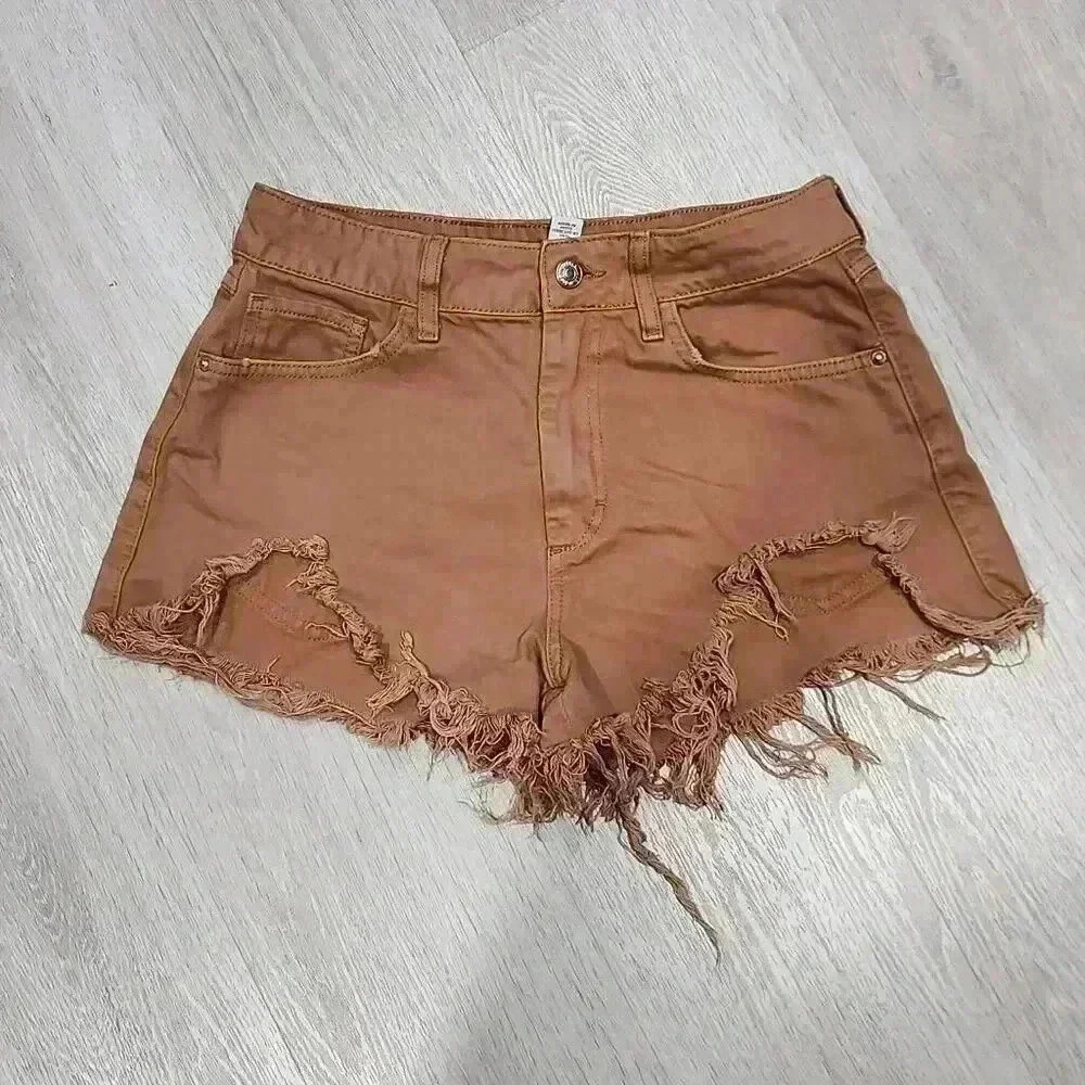 Forever 21 Women's Distressed Frayed Denim Cut-Off Shorts Khaki Tan Size 26 - Picture 6 of 6